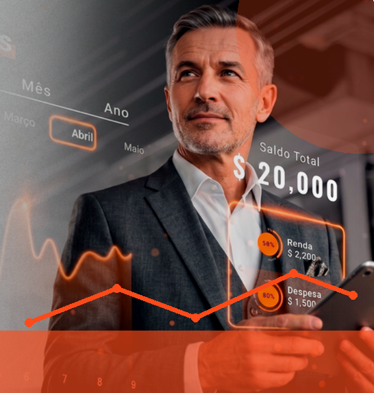 Executivo em destaque com indicadores financeiros e elementos visuais do evento